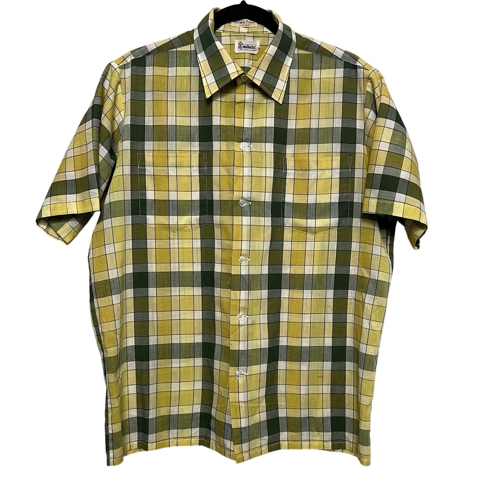 VTG Wallachs Yellow Green Plaid Men's M Short Sleeve Shirt Dual‎ Pockets 1960's